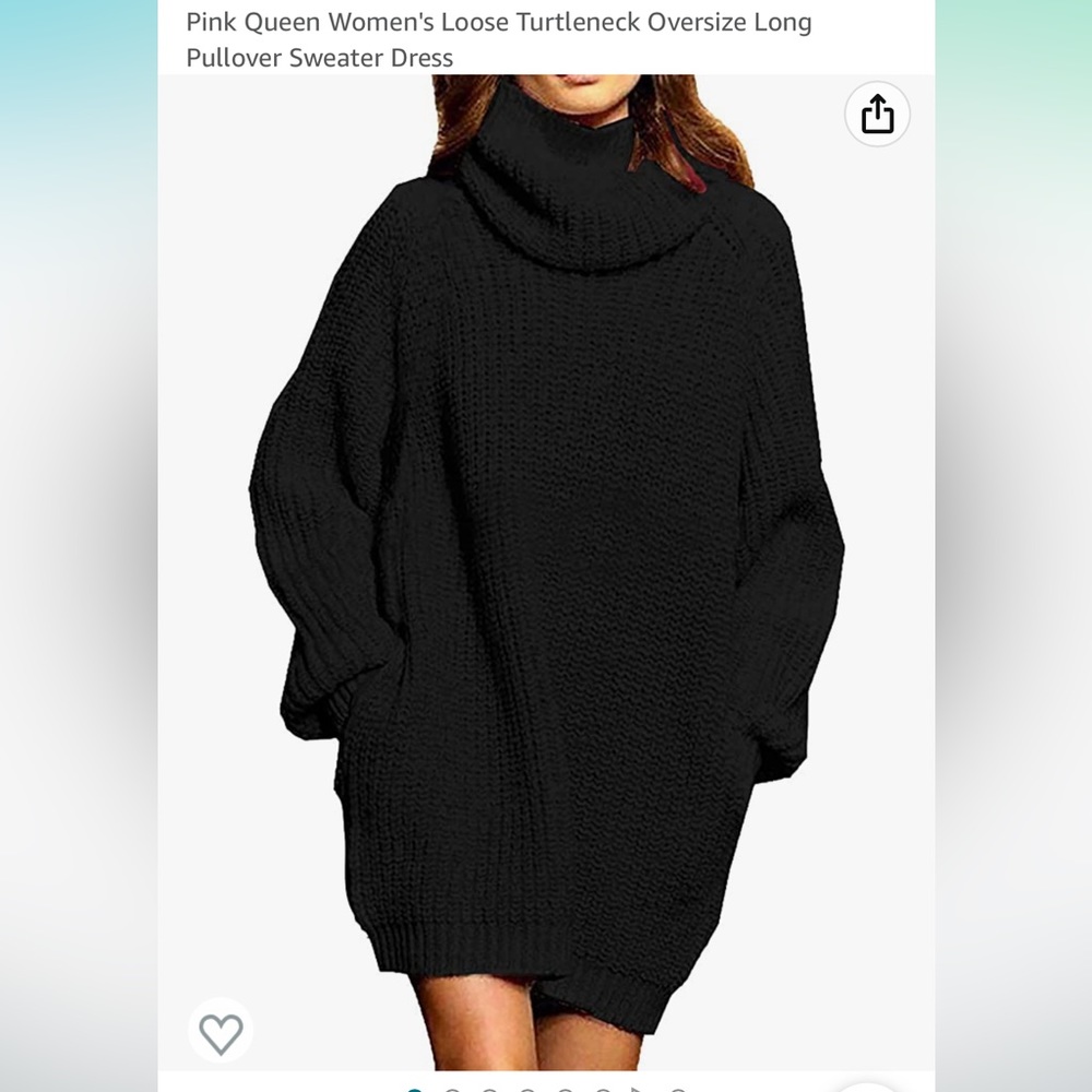 Turtleneck Oversized Long Sweater Dress with Pockets Black Size Small